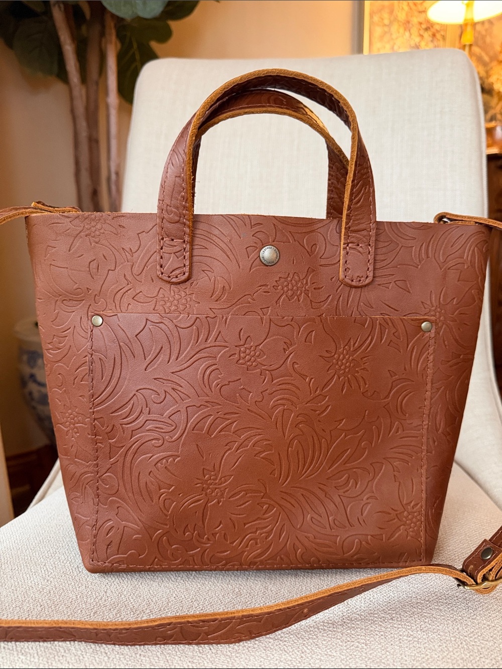 Portland Leather Embossed Floral Tote - Brown
